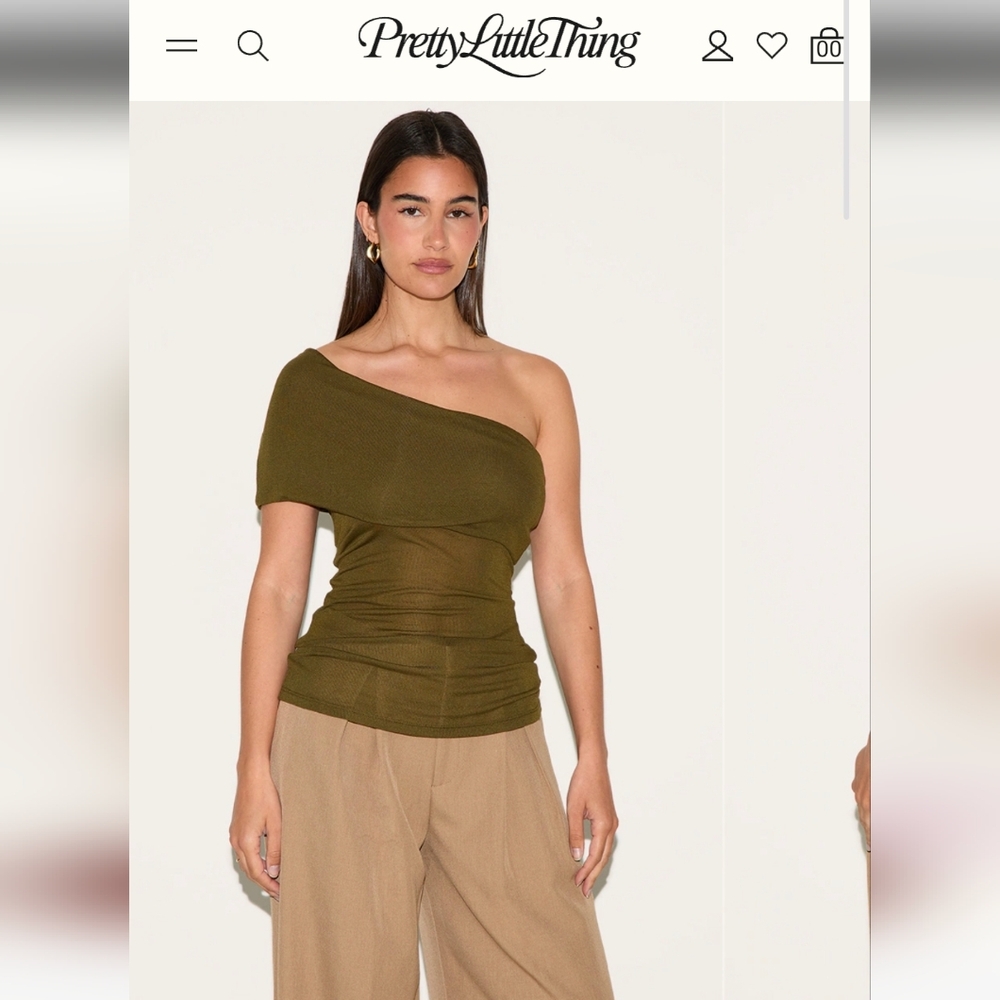 #124 NWT PrettyLittleThing Olive Sheer  Fold Over Detail One Shoulder Long